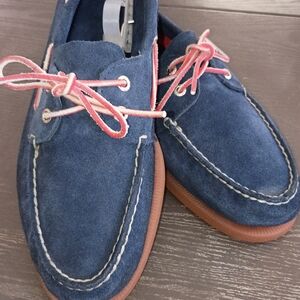Sperry Men's 11M Blue Suede Boat Shoes with Coral Laces. Nearly NEW